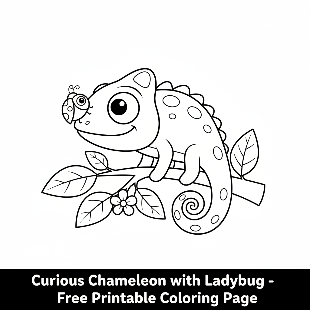 A free printable coloring page showing a curious chameleon with textured scales, perfectly camouflaged among tropical leaves and vibrant orchids, observing a tiny red ladybug.