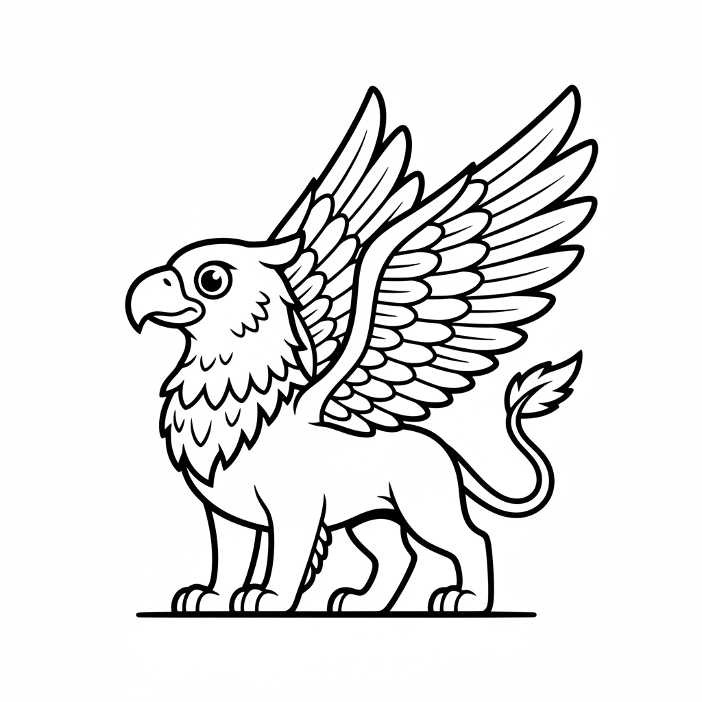 Free printable coloring page featuring a majestic griffin with intricate feathers and scales, perched on a dramatic cliff overlooking a stormy sea at dusk, perfect for kids.