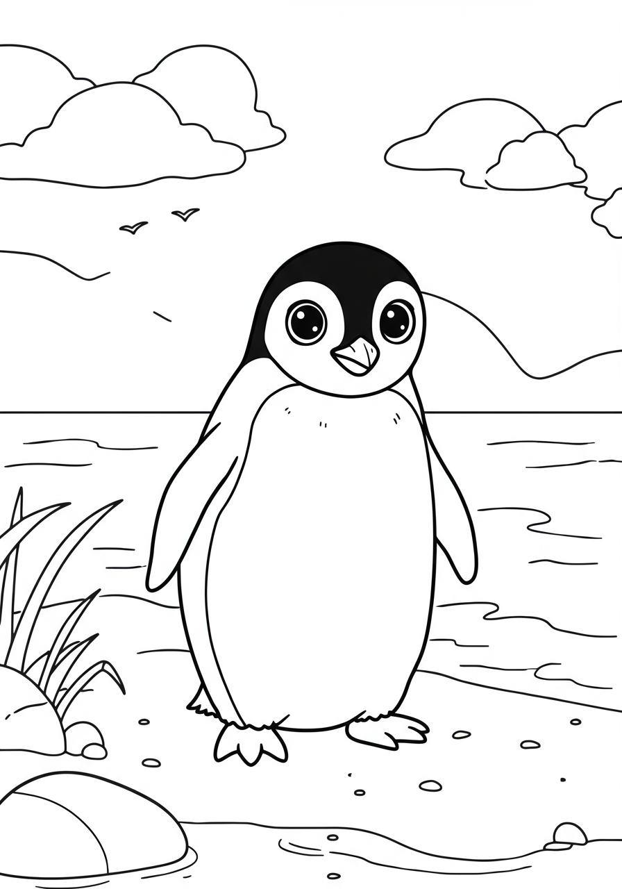 Free printable Adélie penguin waddling on a snowy shore coloring page for kids, easy difficulty, featuring an adorable arctic bird in its natural habitat.