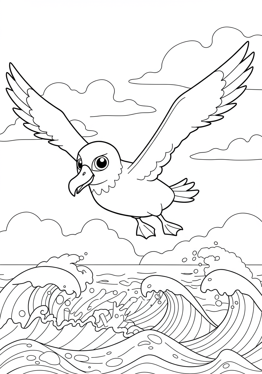 Free printable coloring page featuring a magnificent albatross with wide wings soaring gracefully above ocean waves and clouds.