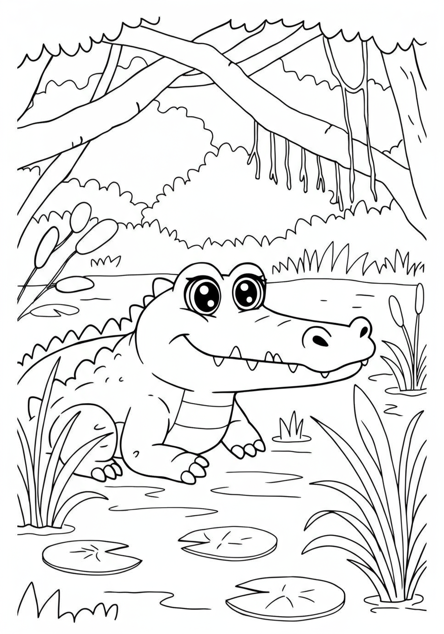 A free printable coloring page depicting an alligator with only its eyes and snout visible, camouflaged in murky swamp water amidst lily pads and tall reeds, perfect for kids.