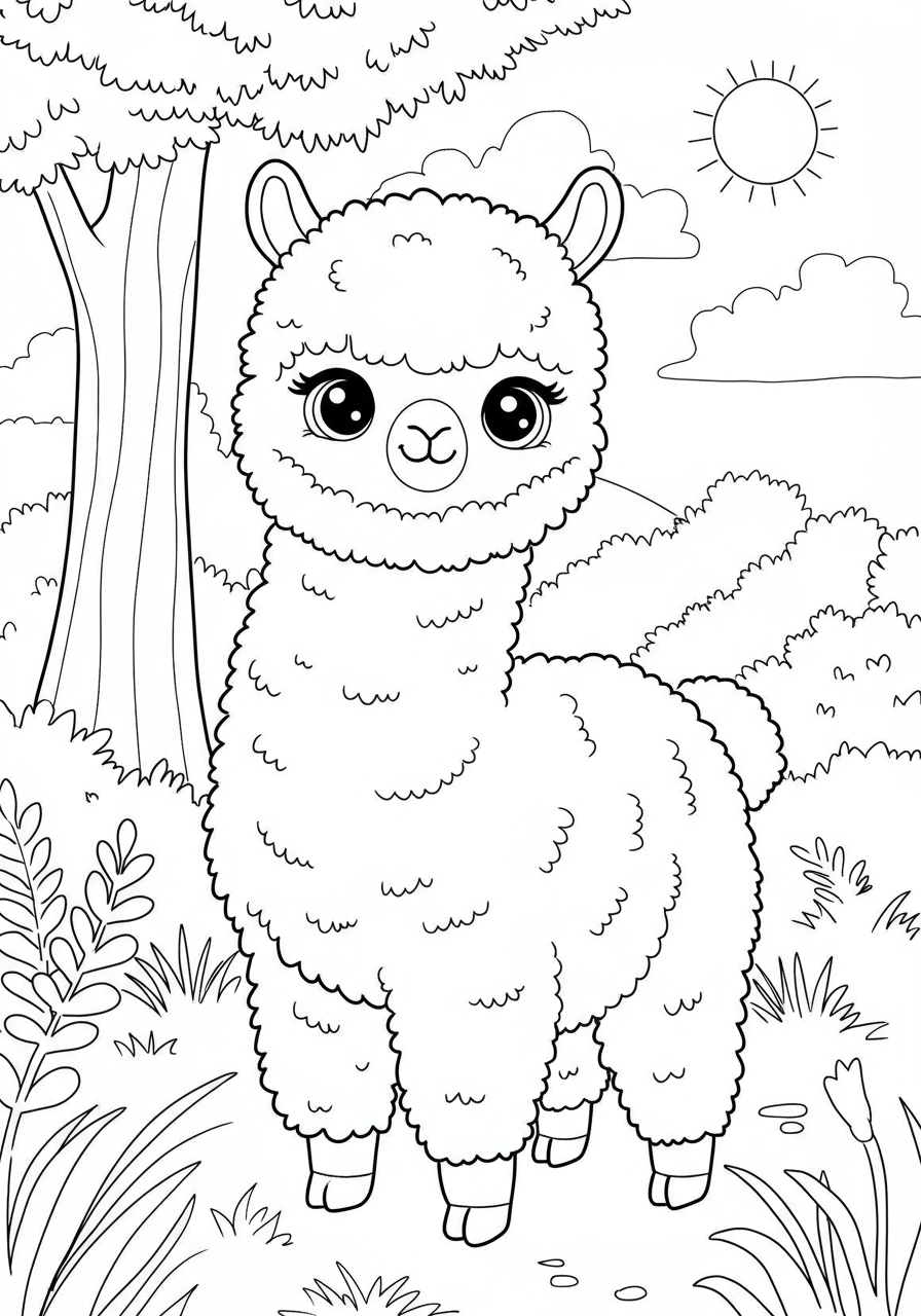 Free printable coloring page featuring a smiling alpaca with very fluffy wool, drawn with simple lines, suitable for kids, easy difficulty level.