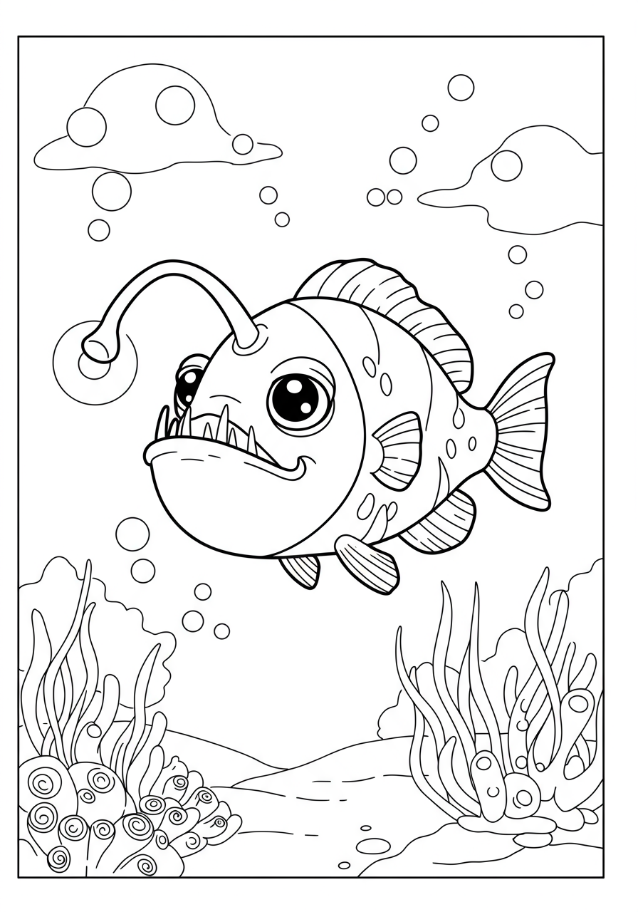 Free printable Anglerfish deep sea light coloring page showing a cartoon anglerfish with a glowing lure, suitable for kids.