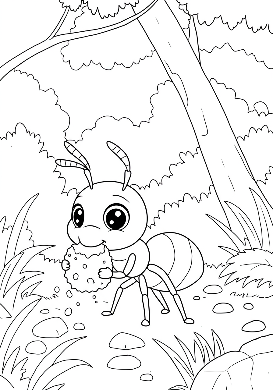 Free printable coloring page showing a cartoon ant diligently carrying a tiny food crumb, perfect for young children.
