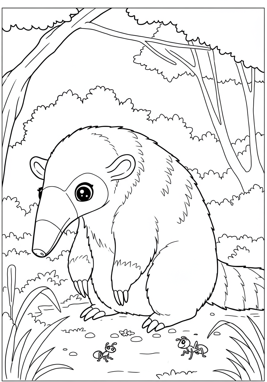 A free printable coloring page depicting a giant anteater with its long snout searching for ants on the ground, suitable for kids.