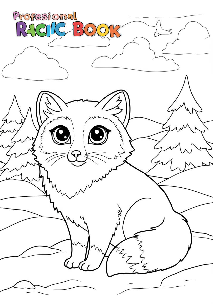 A free printable coloring page showing an easy-to-color arctic fox with thick white fur in a snowy landscape, perfect for kids.