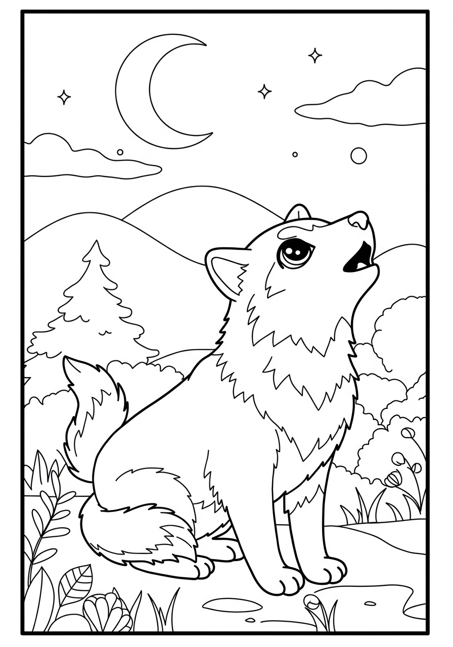 Free printable coloring page featuring an Arctic wolf howling at a full moon in a snowy landscape, designed for kids.