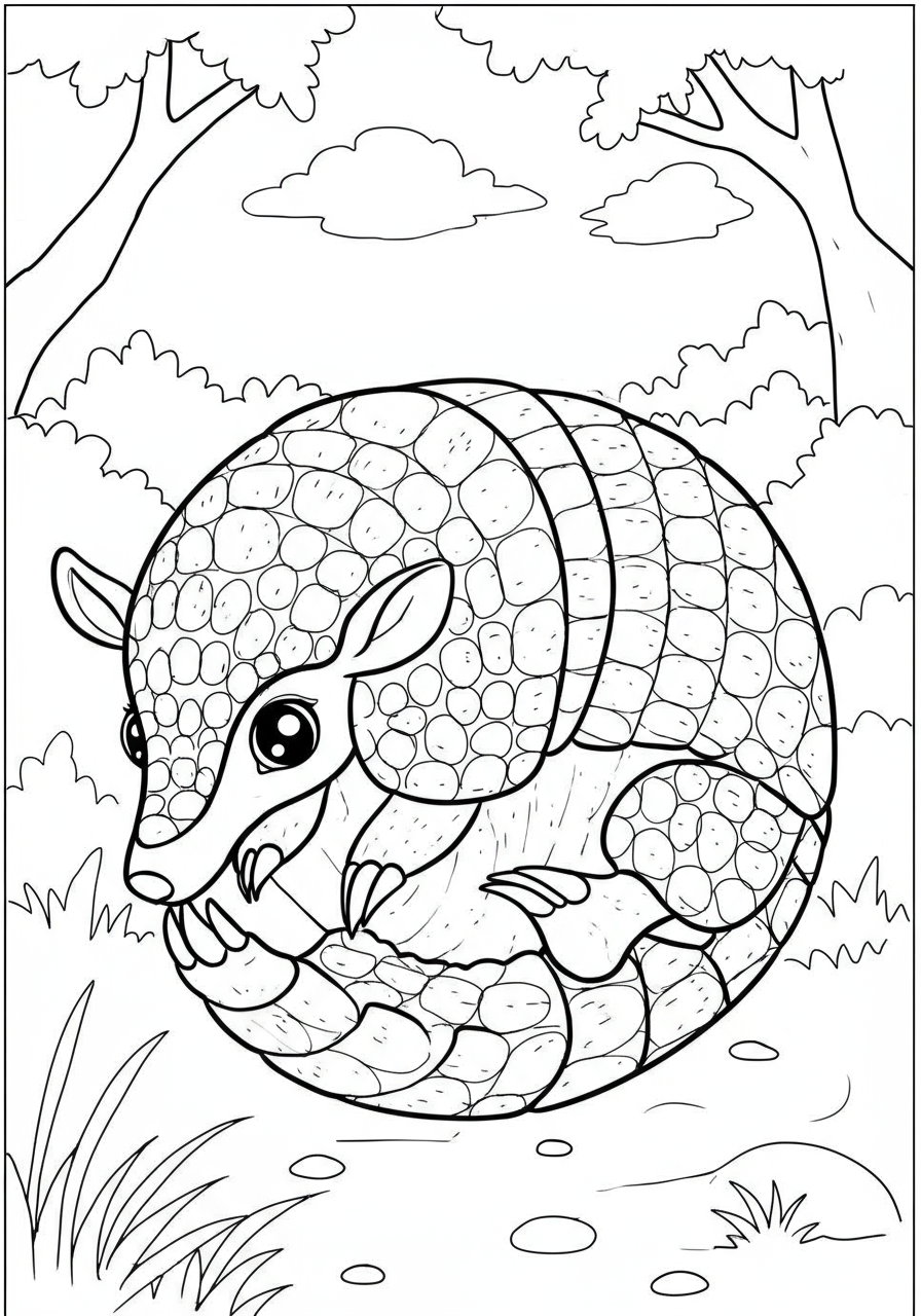 Free printable armadillo rolling into a ball coloring page for kids, showing a cute armored animal curled up defensively.