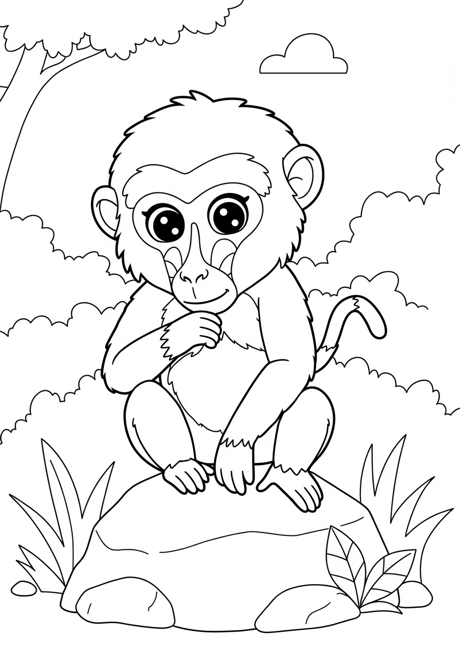 Free printable coloring page featuring two baboons grooming each other on a large rock in an easy, kid-friendly style.