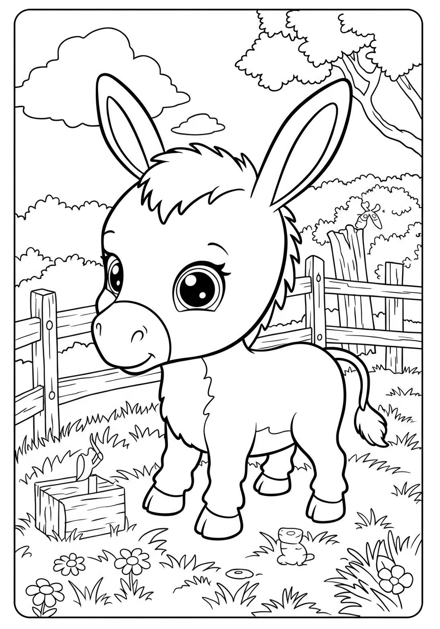 Free printable coloring page featuring an adorable baby donkey playing on a farm, with a barn and fence in the background, perfect for young children.