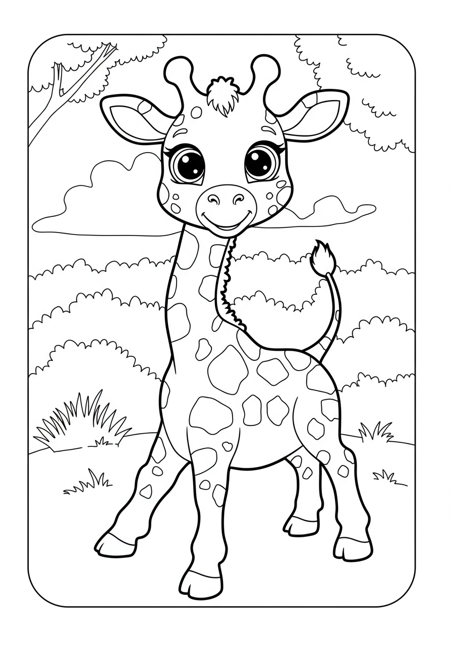 Free printable baby giraffe stretching neck coloring page for kids. An adorable young giraffe reaching up, perfect for easy coloring fun.