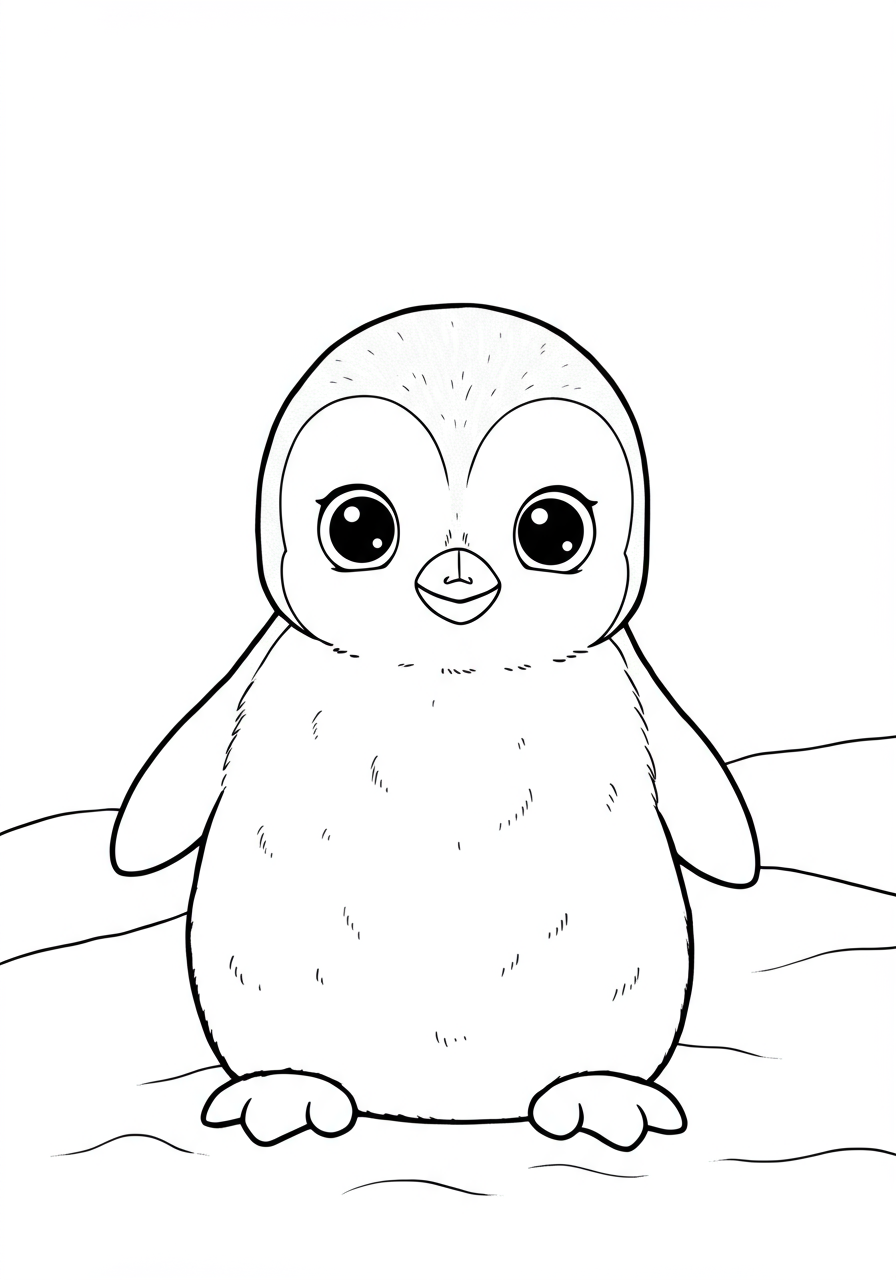 Adorable free printable coloring page showing a baby penguin playing happily in fresh white snow.