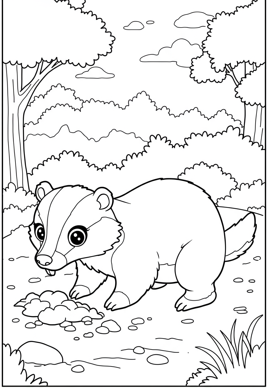 A cute free printable coloring page showing a badger happily digging in the earth for food, perfect for kids.