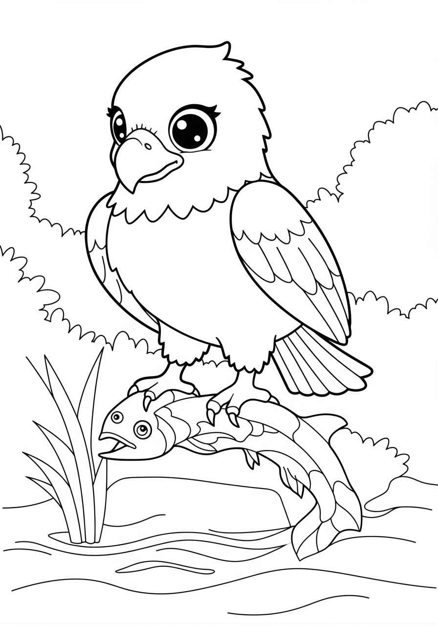 A free printable coloring page featuring a majestic bald eagle with outstretched wings, swooping down to catch a fish from the water below, ideal for kids.