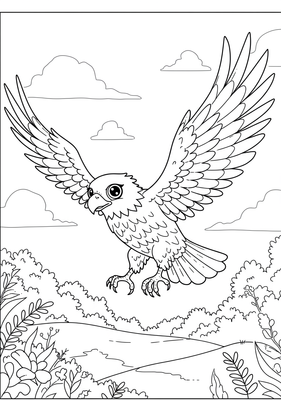 Free printable coloring page featuring a bald eagle soaring majestically with wide wings against a simple sky background, perfect for kids.