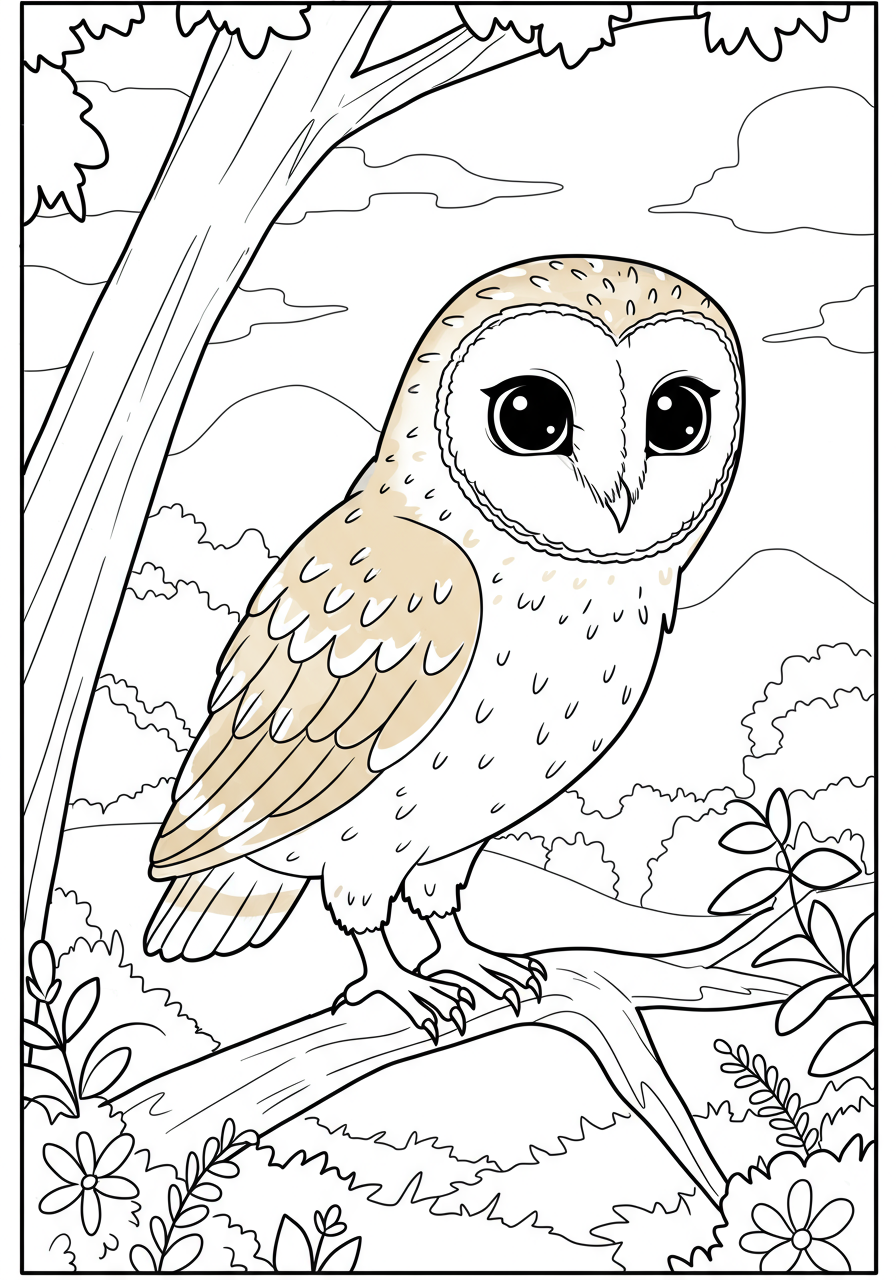 Illustration of a barn owl in silent flight over a field, a free printable coloring page for kids.