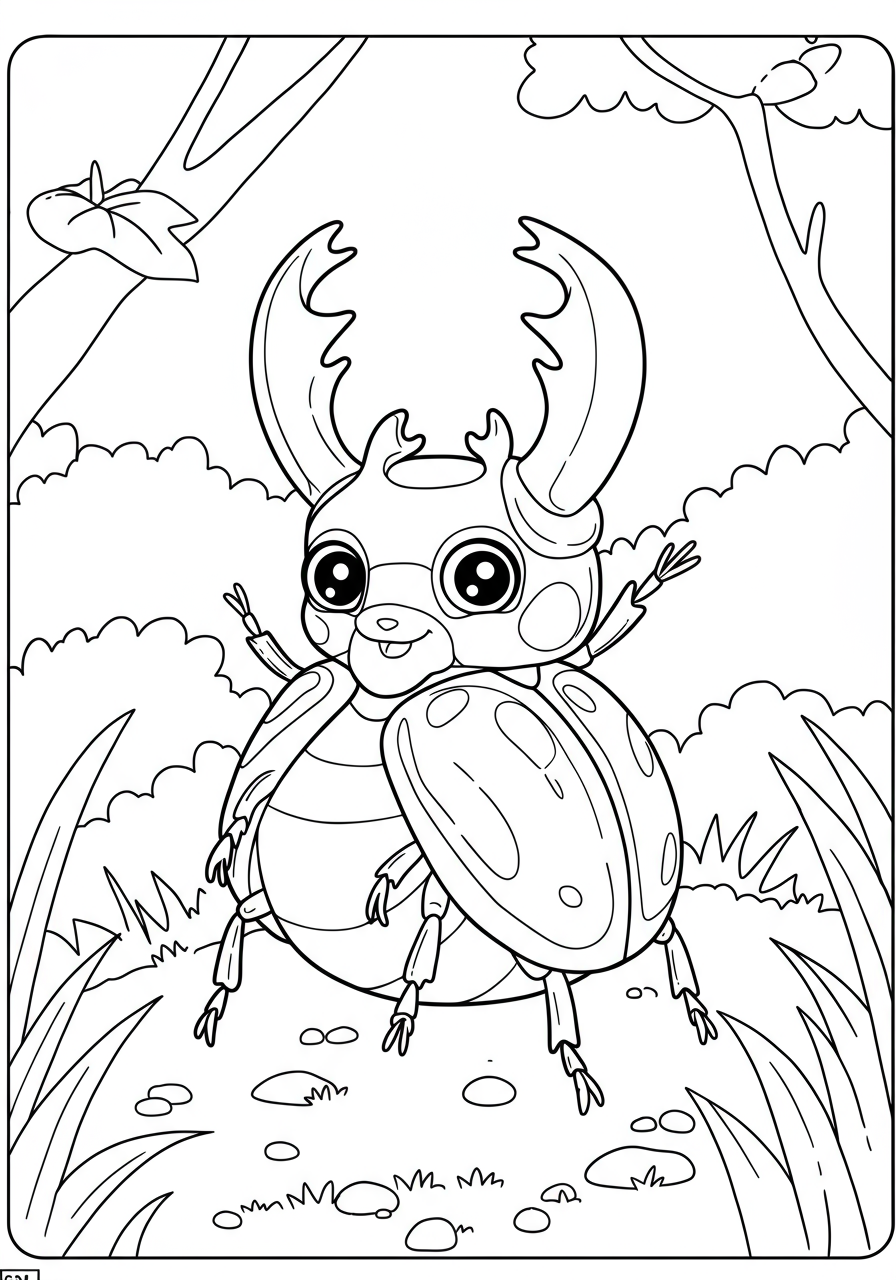 Free printable coloring page featuring a beetle with a shiny hard shell, perfect for kids to color and learn about insects.