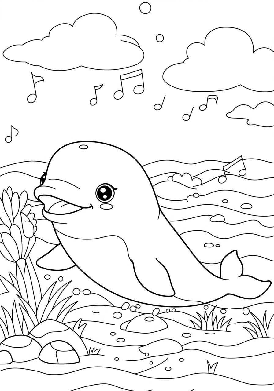 Free printable coloring page featuring a happy beluga whale 'singing' in the ocean with musical notes and bubbles, perfect for kids.