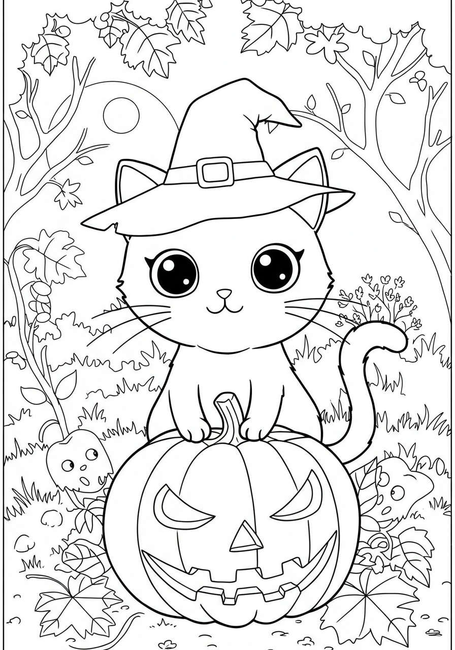 A free printable coloring page depicting a cute black cat peeking out of a cheerful, carved Halloween pumpkin, suitable for kids.