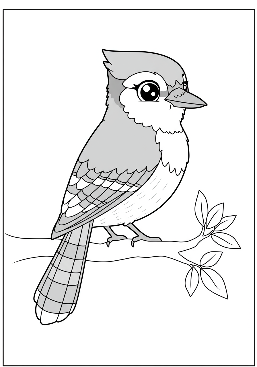 Free printable blue jay on branch coloring page for kids. Features an easy-to-color blue bird perched on a simple tree branch, perfect for animal and nature lovers.