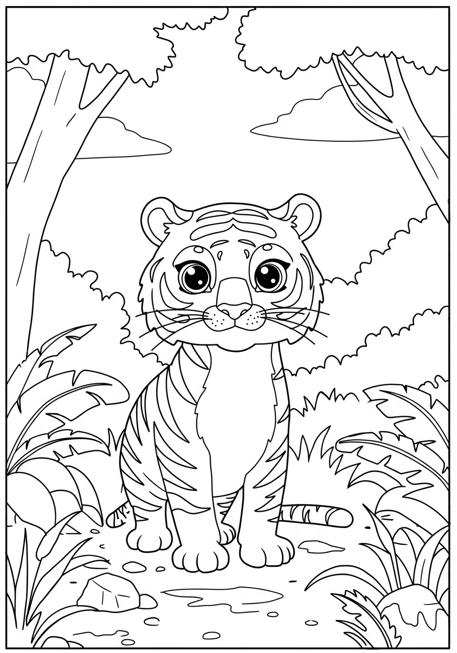 Free printable coloring page featuring a brave tiger roaring loudly in a dense jungle, designed for kids with easy difficulty.