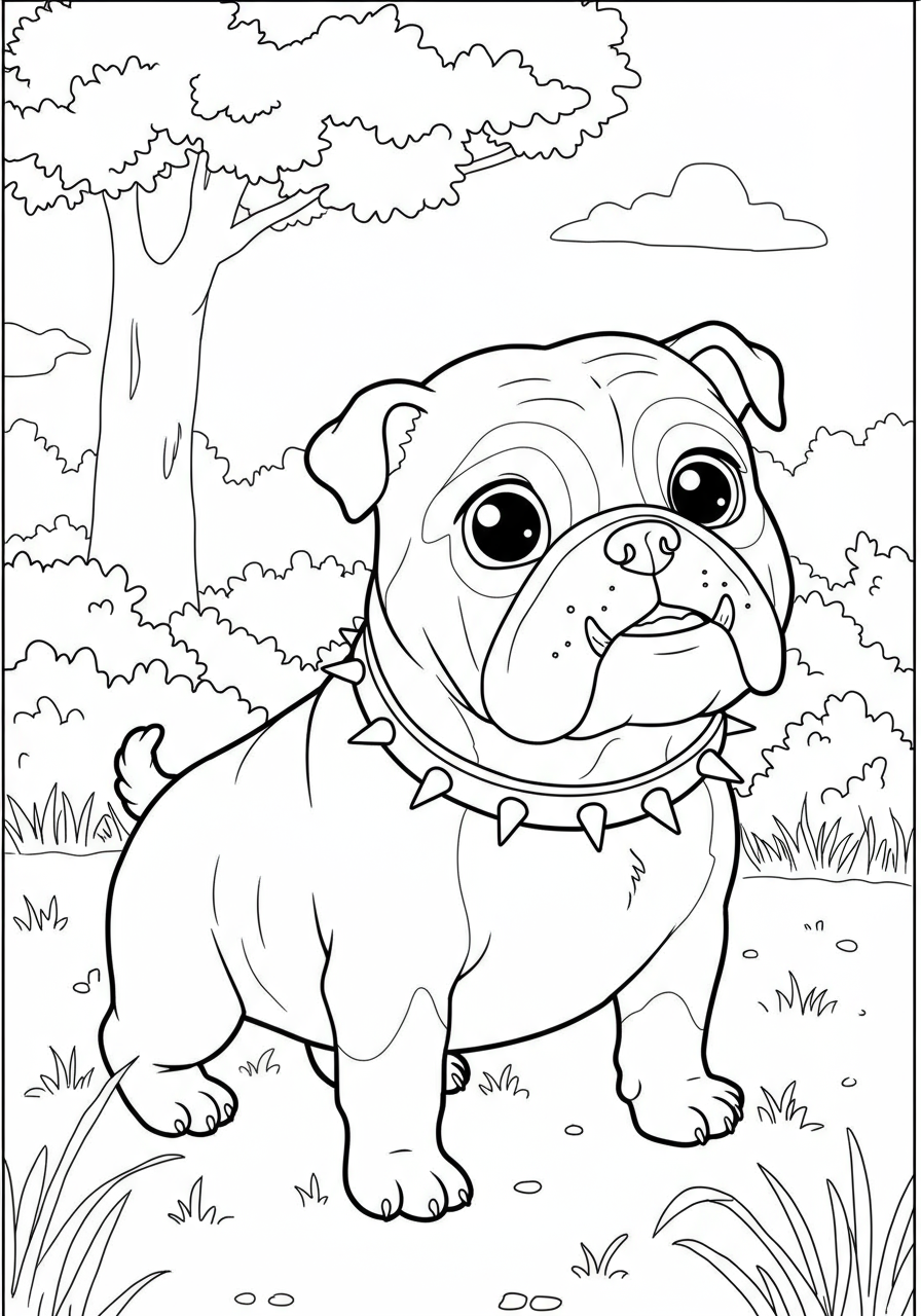 A friendly bulldog wearing a spiked collar, illustrated with bold lines for an easy free printable coloring page perfect for kids.