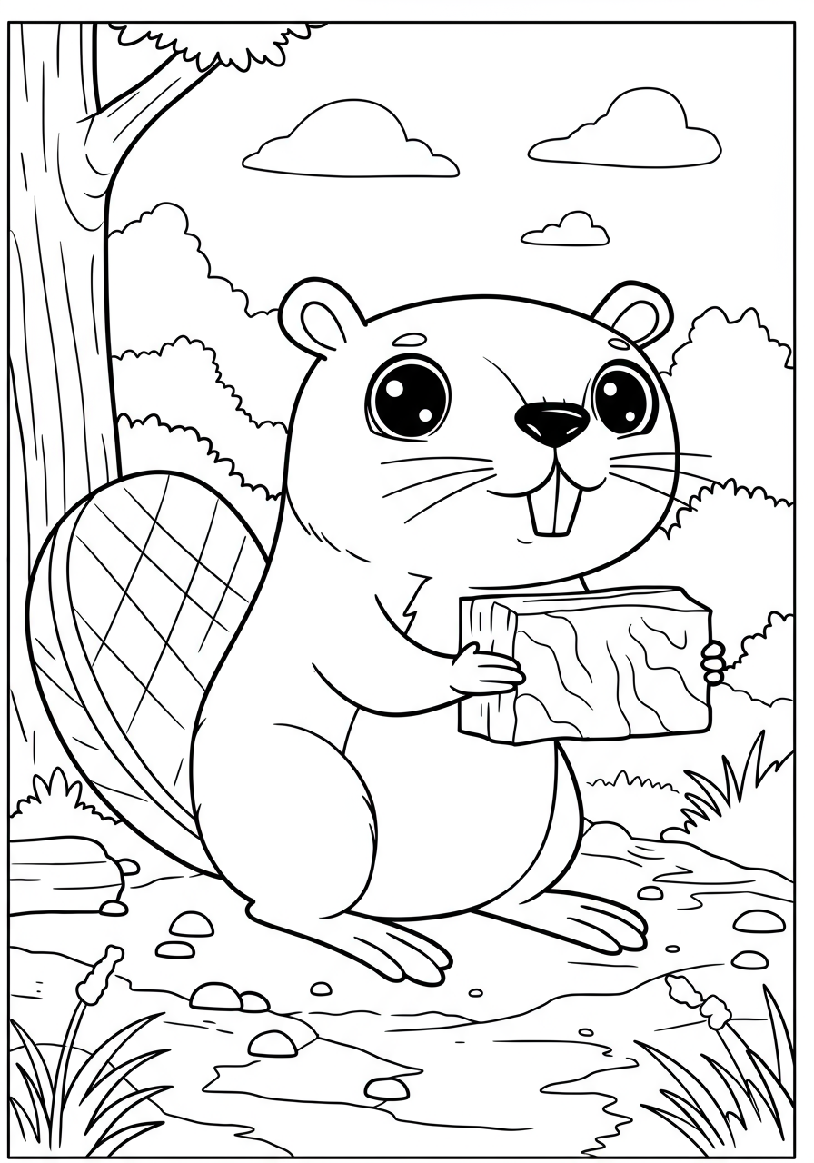 Free printable coloring page depicting a busy beaver carrying a log to build a dam in a pond, with trees and a lodge in the background.