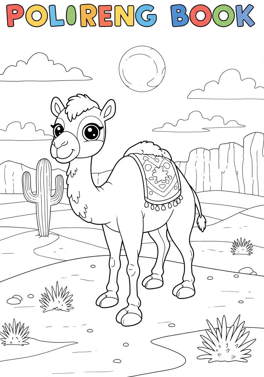 Free printable camel in desert landscape coloring page for kids, showing a friendly camel against sand dunes under a sunny sky, perfect for easy coloring activities.
