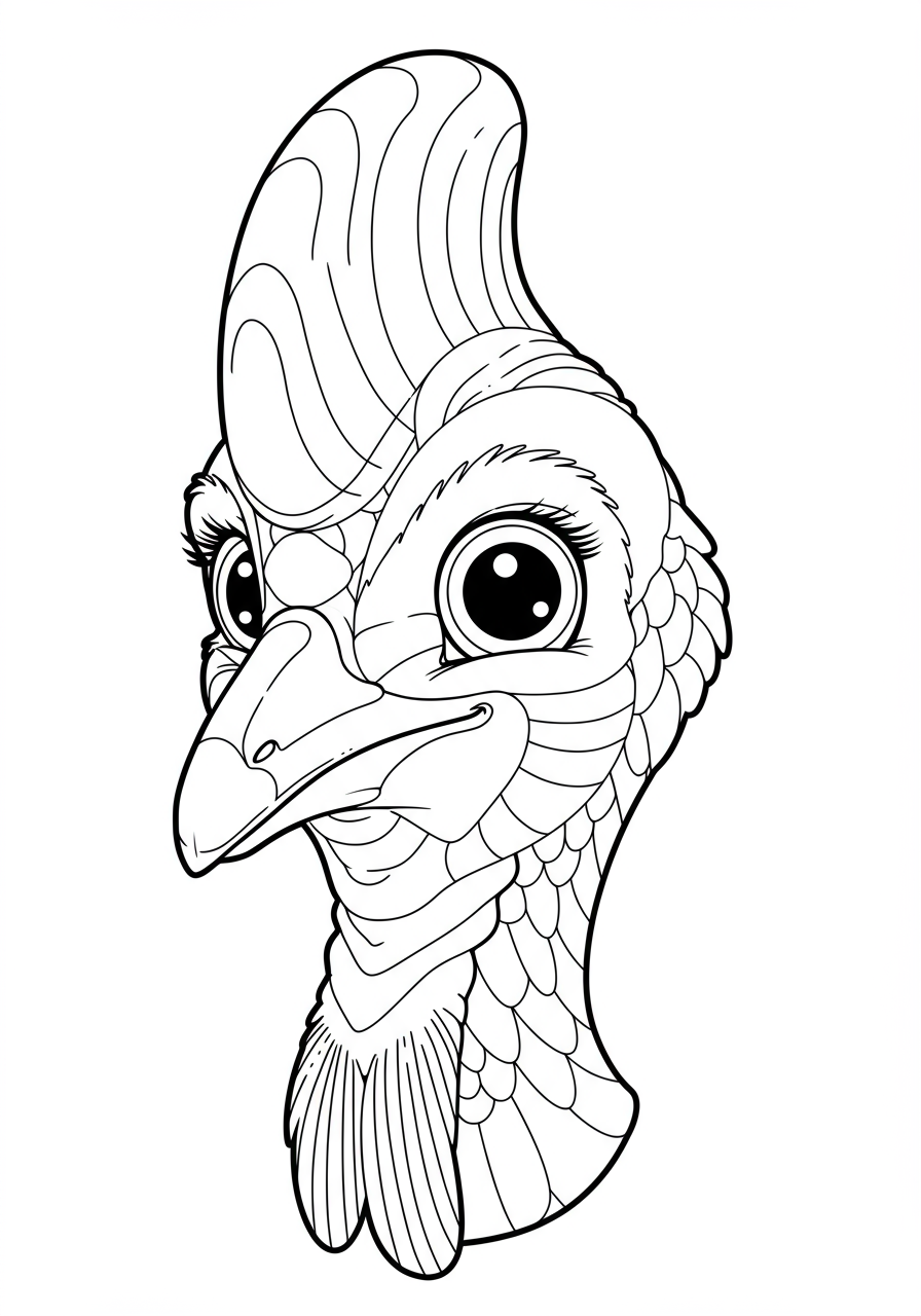 Free printable coloring page featuring an easy-to-color cartoon cassowary with a prominent, colorful head and casque, perfect for kids.