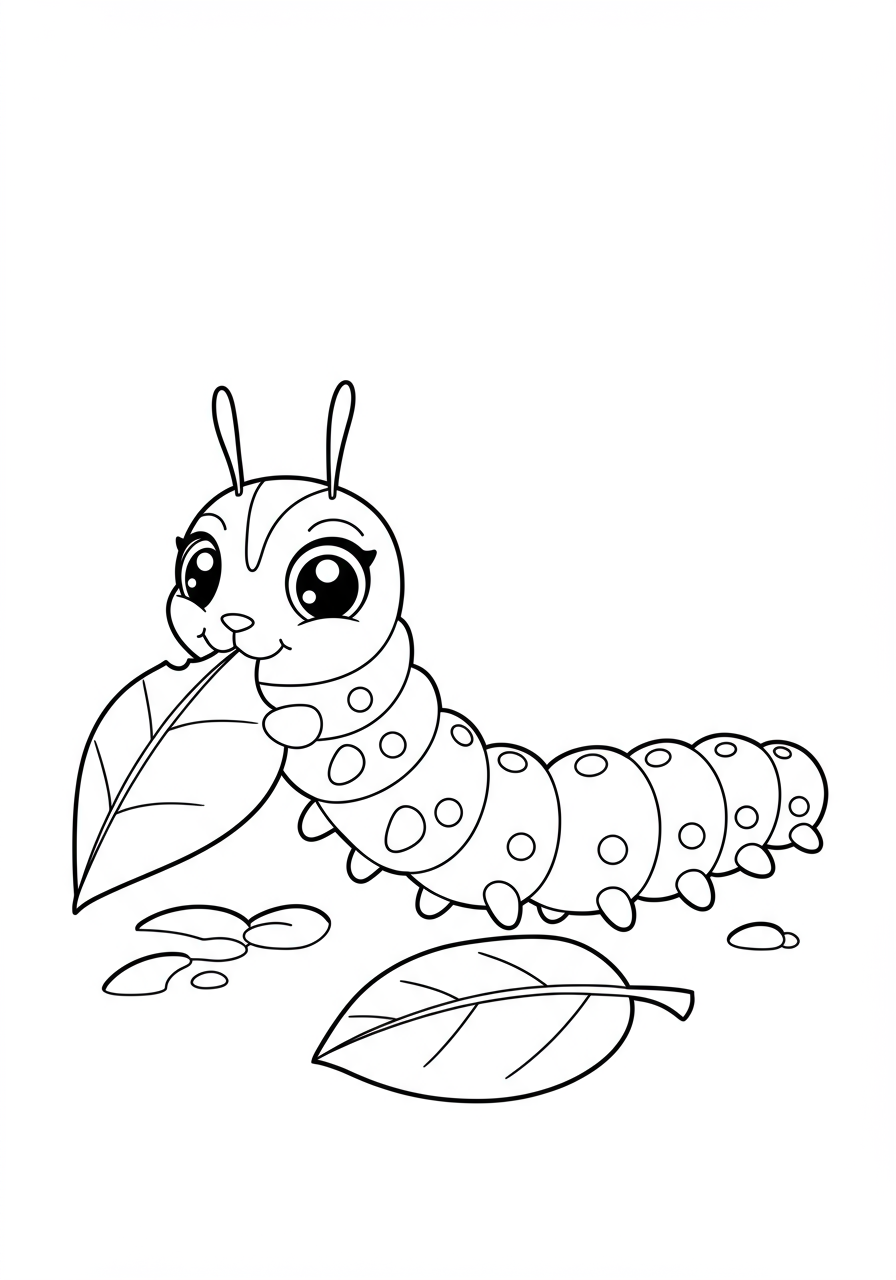 Free printable coloring page featuring a happy caterpillar with many legs munching on a large green leaf, perfect for young kids.
