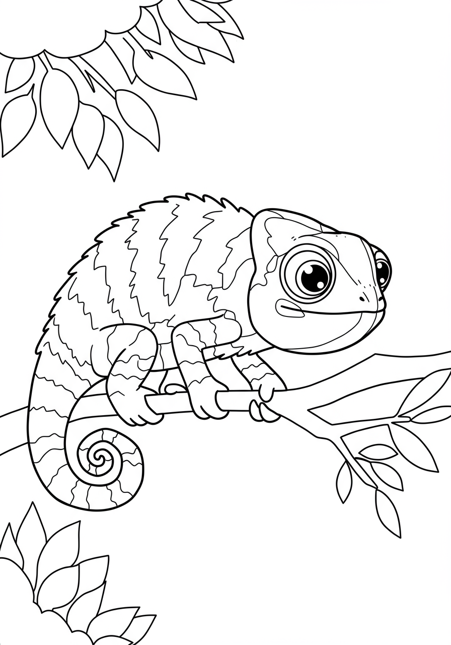 Free printable coloring page featuring a cartoon chameleon changing color while sitting on a branch, designed for easy coloring by kids.