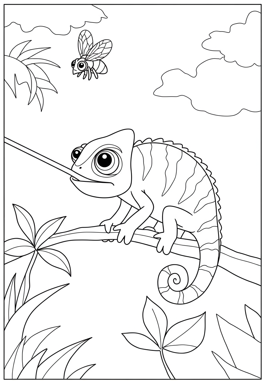 A free printable coloring page showing a chameleon with its long, sticky tongue extended, about to catch a small fly, set against a simple leafy background.