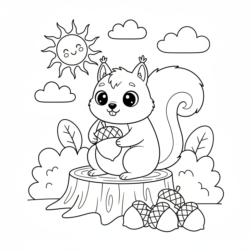 Free printable charming squirrel acorn collection coloring page featuring a happy, bushy-tailed squirrel busily gathering and burying acorns amidst fallen autumn leaves.