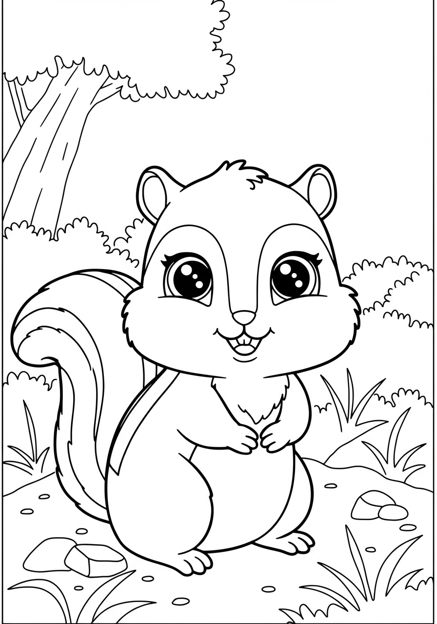 A cute free printable chipmunk with bulging, full cheeks coloring page for kids, showing a happy, striped rodent.