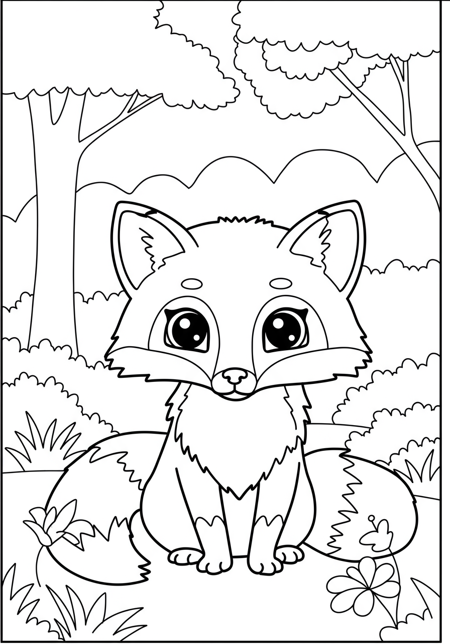 Free printable coloring page depicting a clever fox with a large, fluffy, bushy tail in an easy-to-color design for kids.
