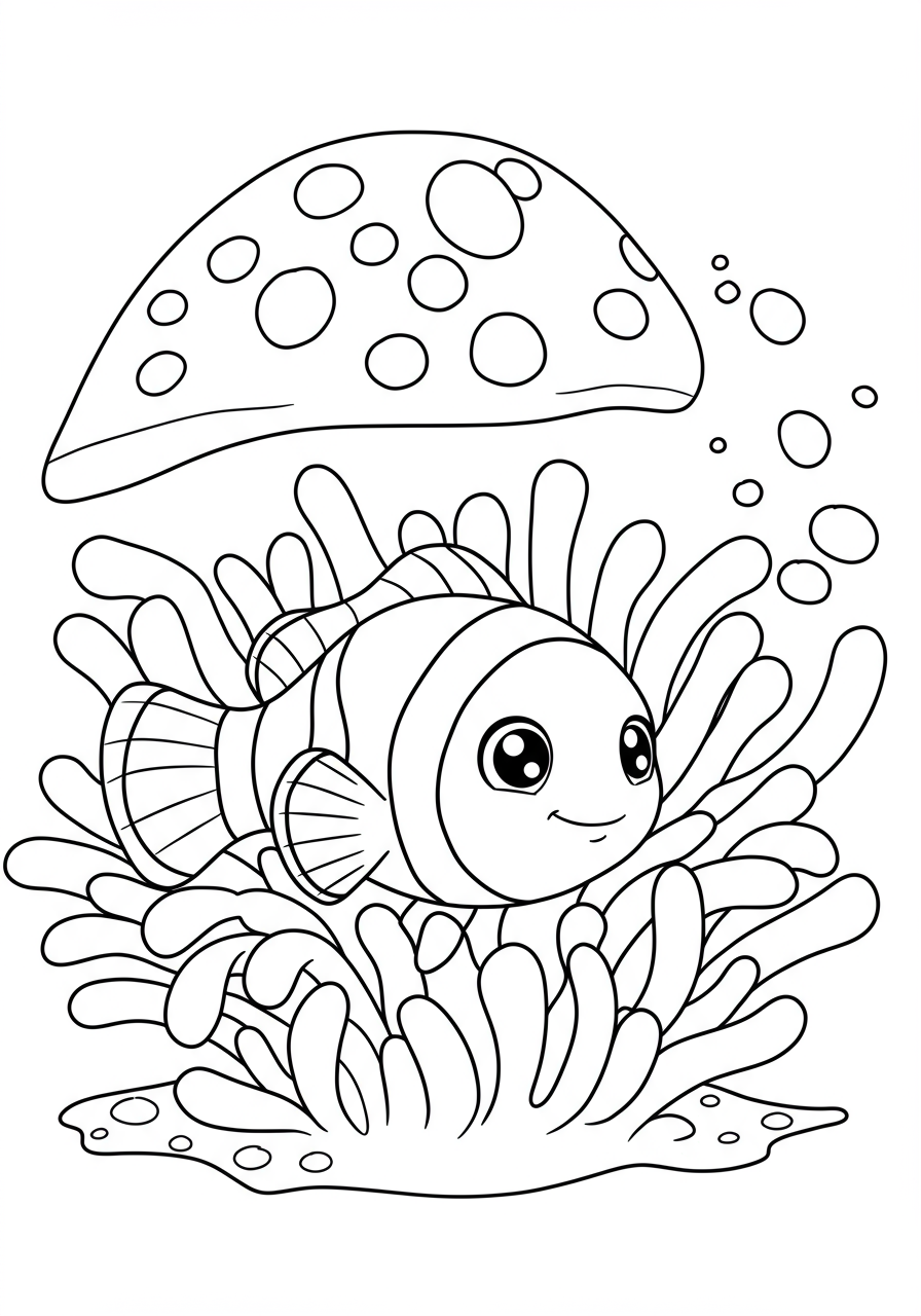 Free printable coloring page featuring a cheerful clownfish peeking out from its colorful anemone home, perfect for kids to color.