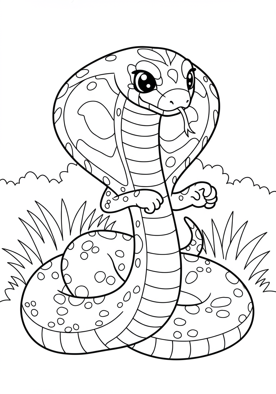 Illustration of a cobra in a coiled strike pose with its hood spread, ready to pounce, for a free printable coloring page for kids.