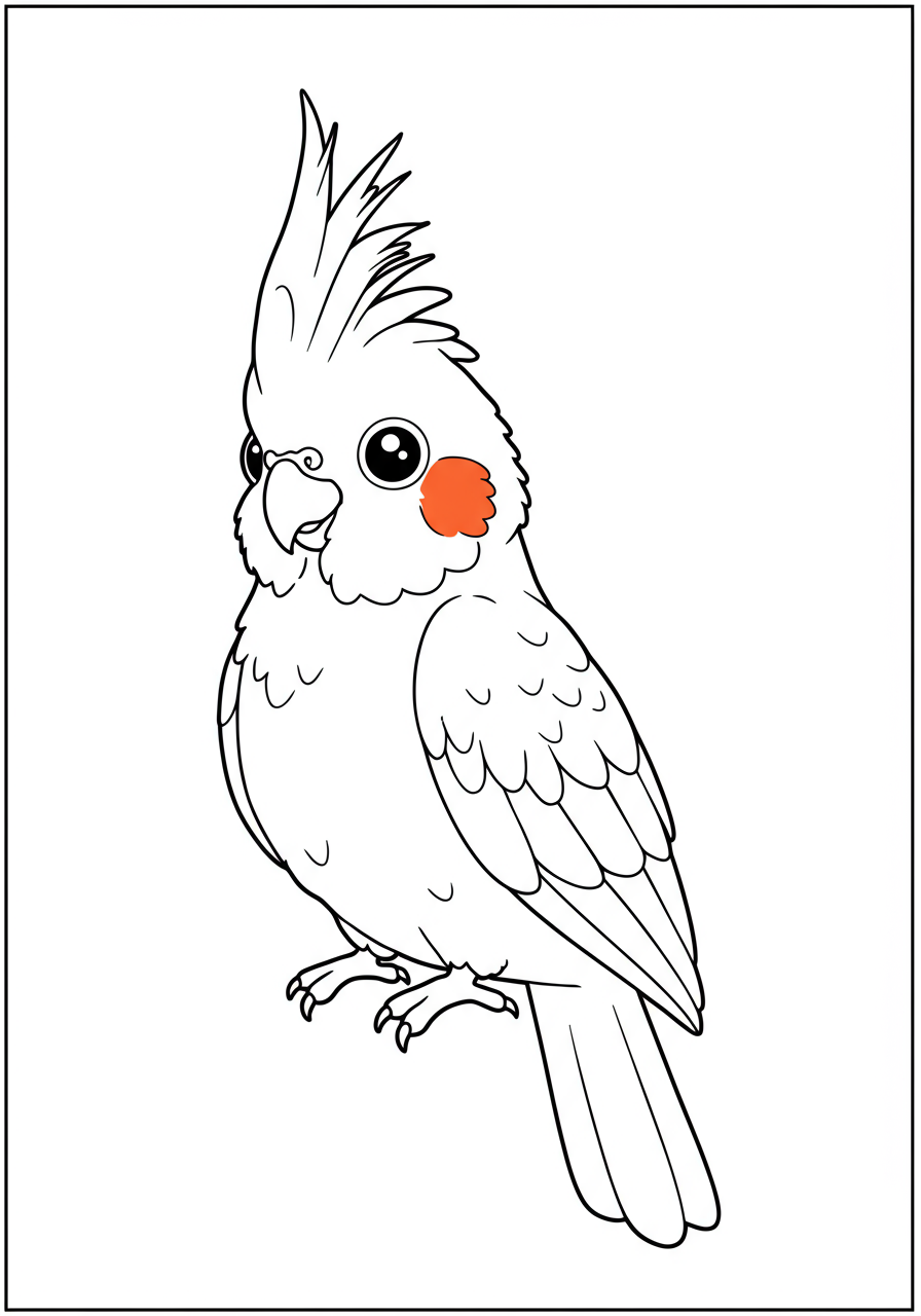 Free printable Cockatoo with crest up coloring page for kids, featuring a happy white bird with its feathered crest raised.