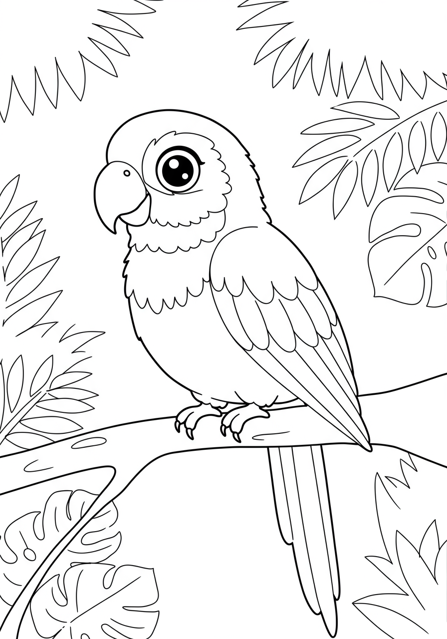 Free printable coloring page featuring a colorful parrot perched on a jungle branch, surrounded by lush green leaves.