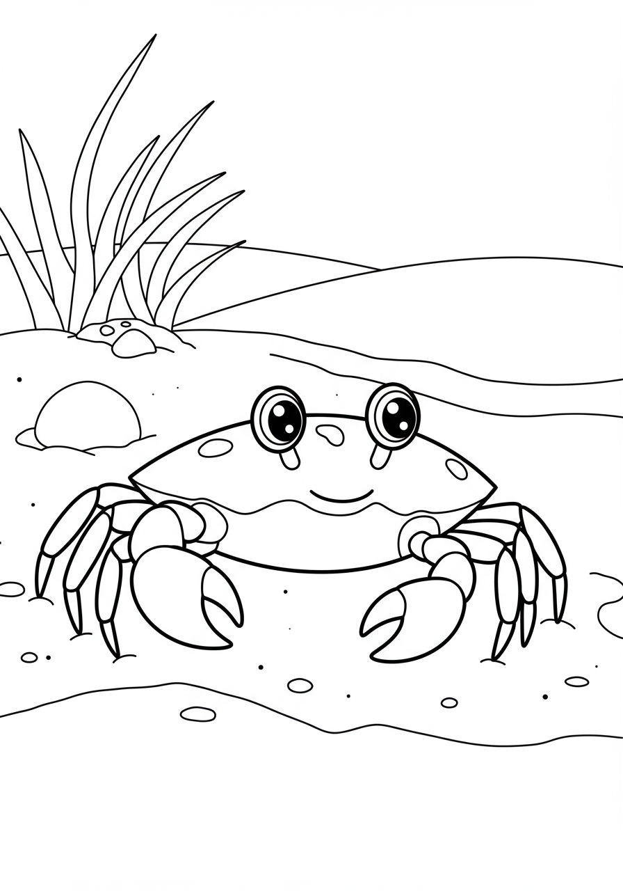 Illustration of a cute crab scuttling sideways across the sand, a free printable animal coloring page for kids.