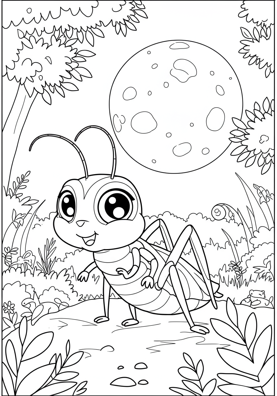 Free printable coloring page depicting a cartoon cricket chirping happily under a bright full moon and stars in a nighttime landscape, designed for kids.