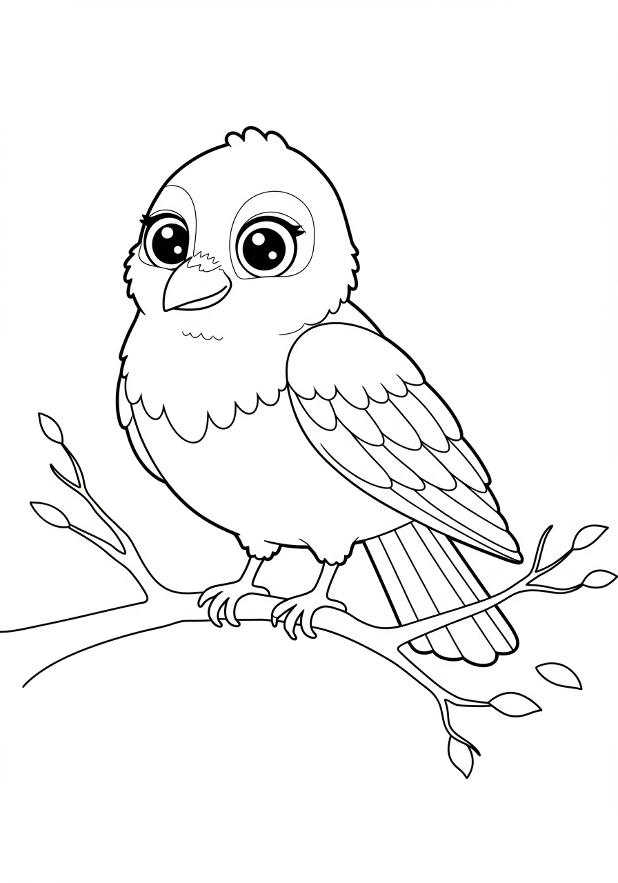 Free printable coloring page featuring an easy-to-color crow perched on a bare tree branch, perfect for kids.