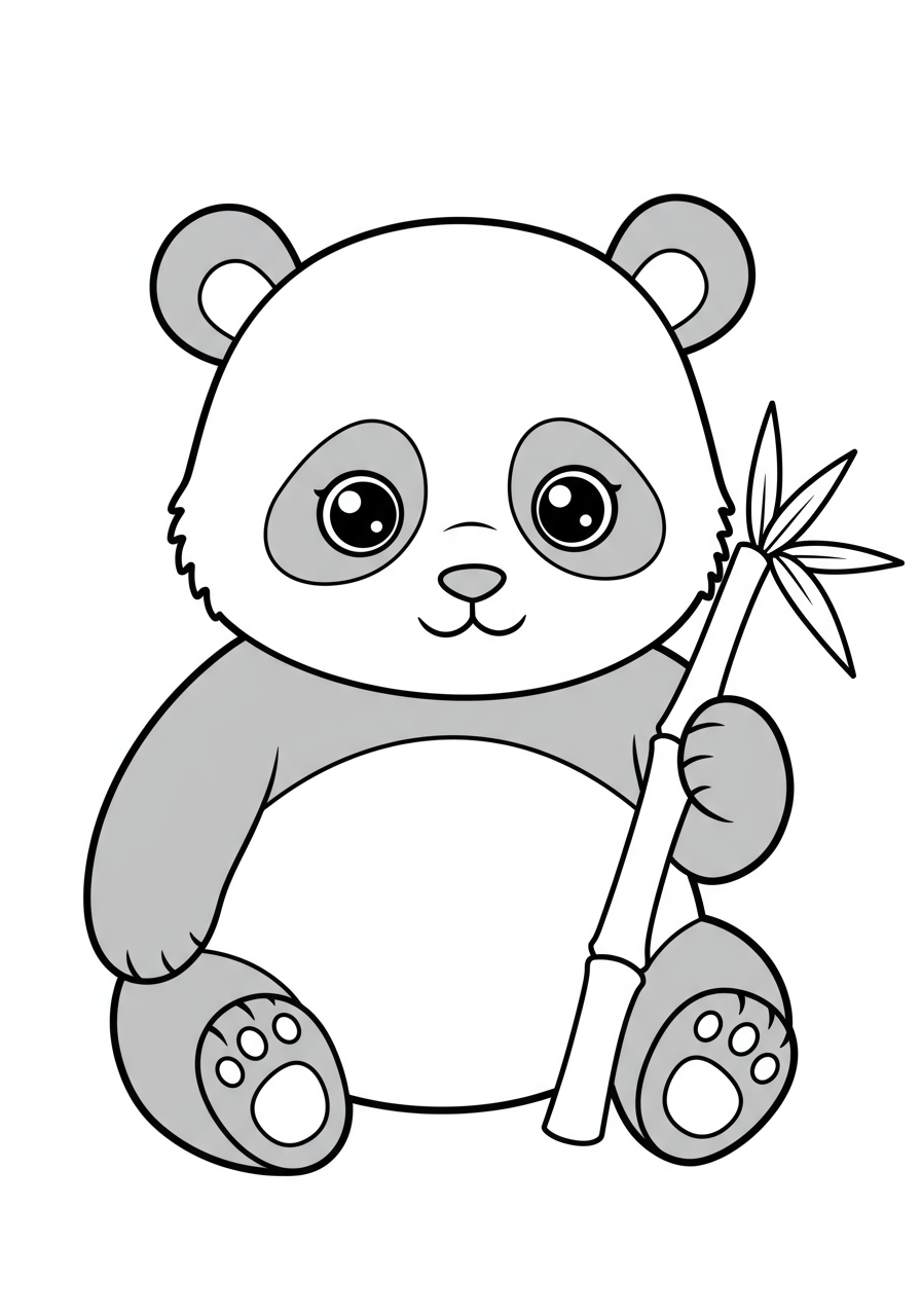 Free printable coloring page featuring a cute, cuddly panda happily eating a bamboo shoot, designed for kids to color.