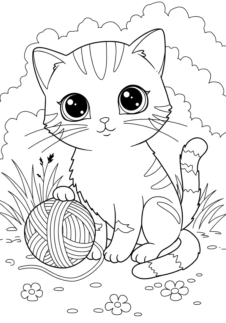 A free printable coloring page showing a playful curious kitten tangled in a ball of yarn, designed for easy coloring for children.
