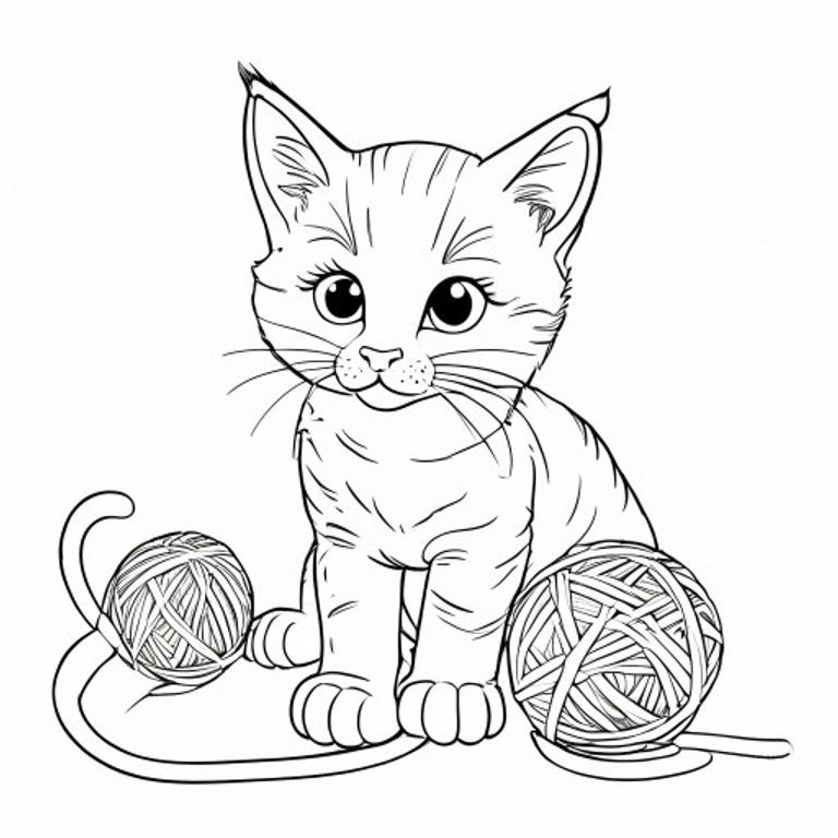 A free printable coloring page for kids depicting a curious fluffy kitten with large eyes playfully tangled in a large ball of yarn.