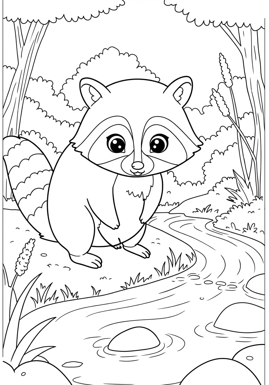 Free printable curious raccoon examining river coloring page for kids, showing a friendly raccoon looking into water at the riverbank, easy to color.