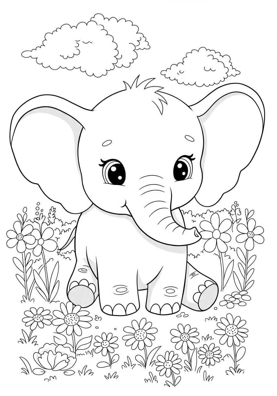 Free printable coloring page featuring a cute baby elephant calf with large ears and a short trunk, surrounded by various cheerful flowers and leaves, perfect for kids to color.
