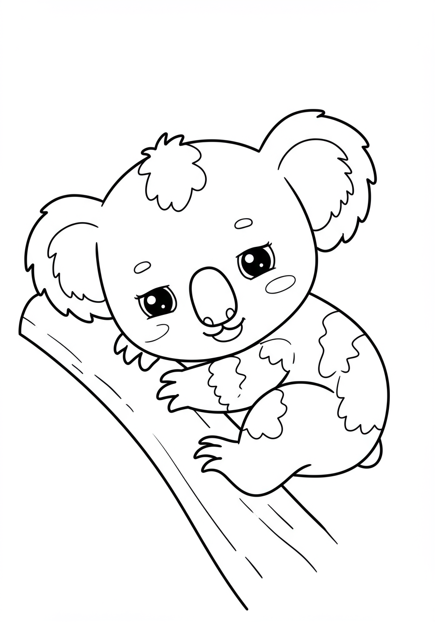 Free printable coloring page featuring an adorable baby koala sleeping peacefully on a tree branch with eucalyptus leaves.