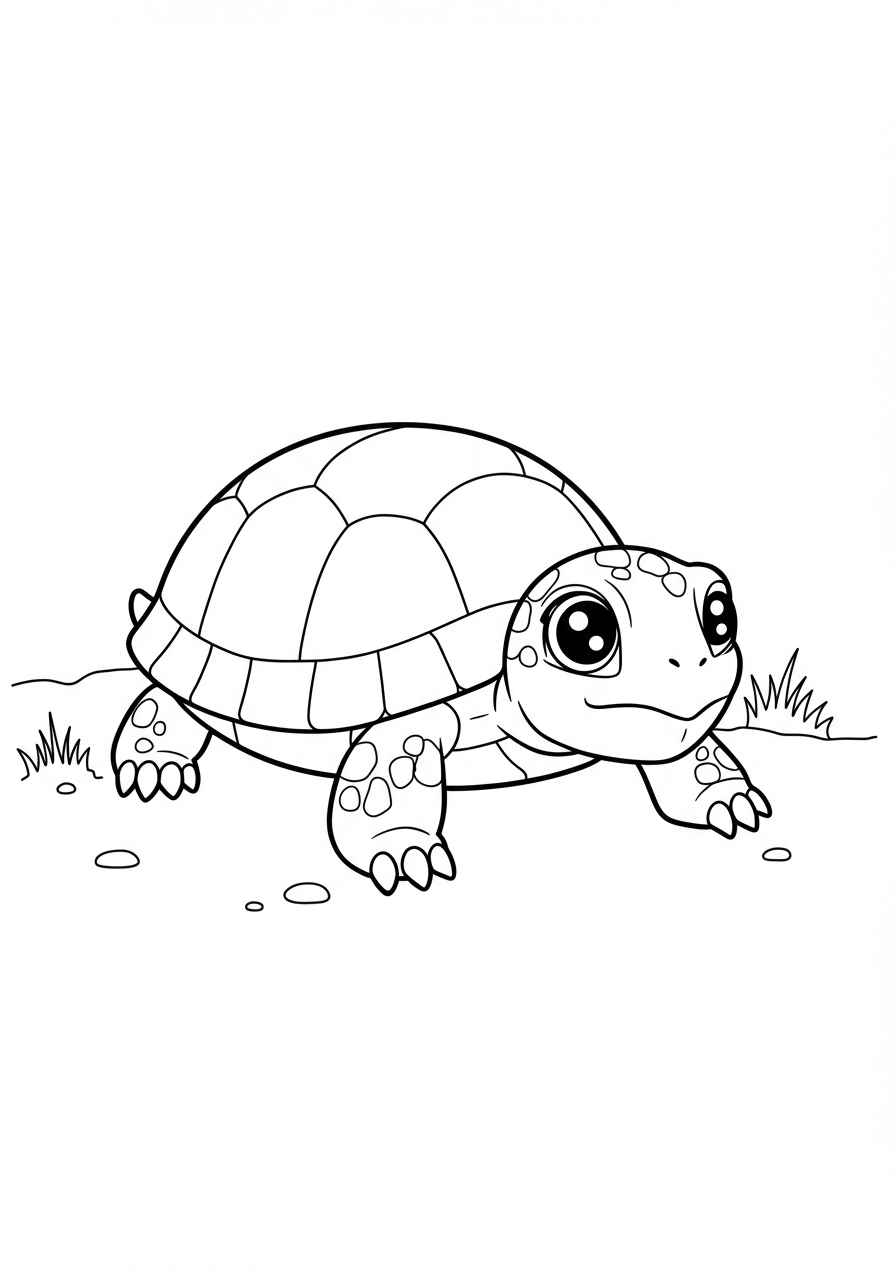 Free printable desert tortoise coloring page showing a tortoise slowly crawling on sandy ground with cacti and rocks in the background, perfect for kids.