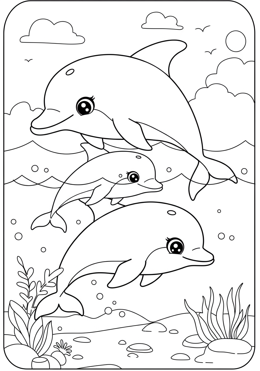 Free printable coloring page featuring a cheerful dolphin pod swimming and playing in the blue ocean with waves and sunshine, perfect for kids.